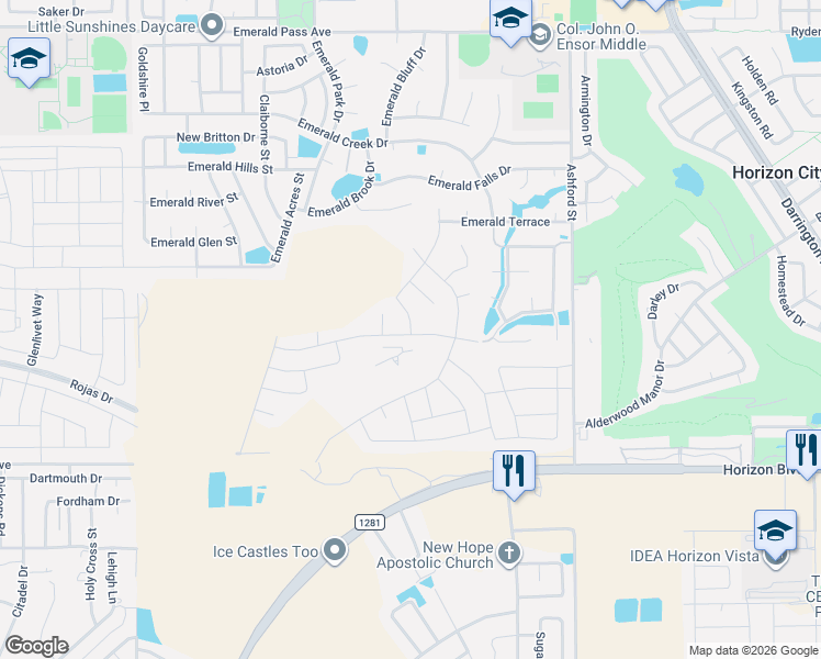 map of restaurants, bars, coffee shops, grocery stores, and more near 13400 Jeff Winton Circle in Horizon City