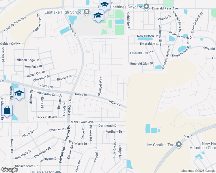 map of restaurants, bars, coffee shops, grocery stores, and more near 12955 Aberdare Drive in Horizon City