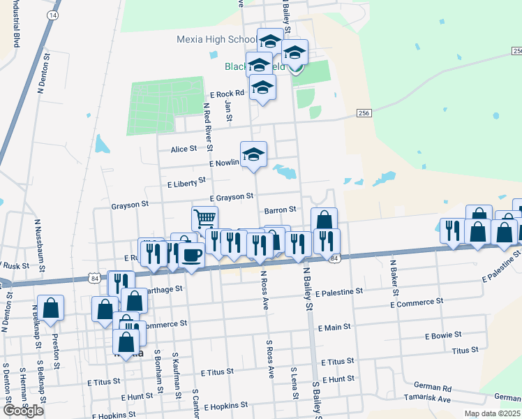 map of restaurants, bars, coffee shops, grocery stores, and more near 1519 North Ross Avenue in Mexia