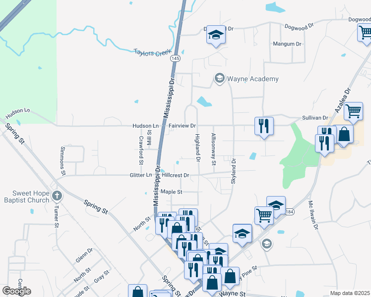map of restaurants, bars, coffee shops, grocery stores, and more near 1100 Highland Drive in Waynesboro