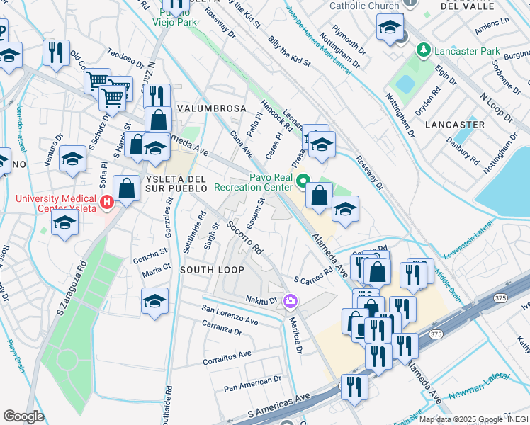 map of restaurants, bars, coffee shops, grocery stores, and more near 129 Gaspar Street in El Paso