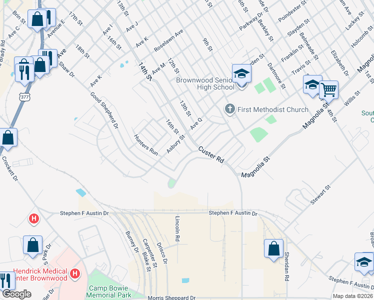 map of restaurants, bars, coffee shops, grocery stores, and more near 2506 16th Street in Brownwood