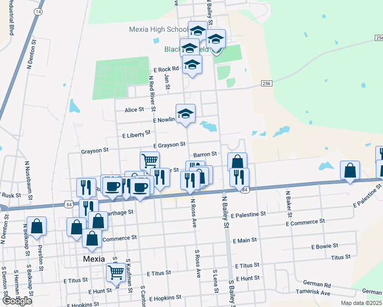 map of restaurants, bars, coffee shops, grocery stores, and more near 1519 North Ross Avenue in Mexia