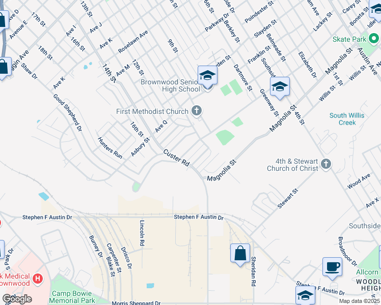 map of restaurants, bars, coffee shops, grocery stores, and more near 2410 Good Shepherd Drive in Brownwood