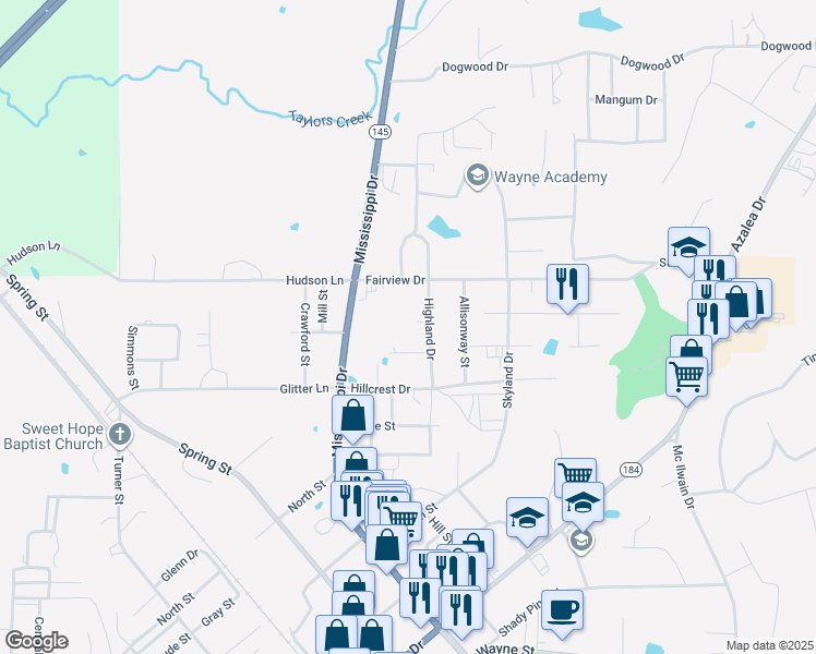 map of restaurants, bars, coffee shops, grocery stores, and more near 1100 Highland Drive in Waynesboro