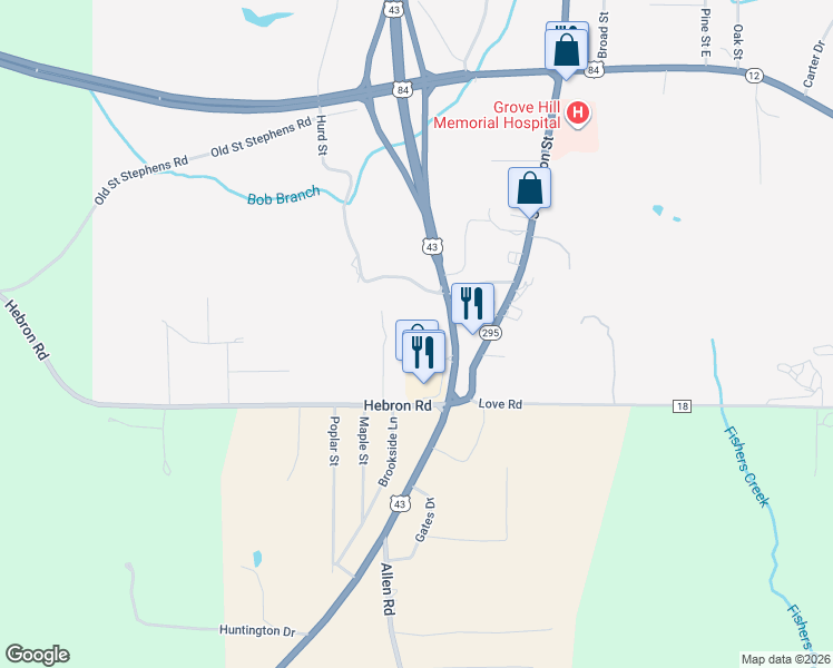 map of restaurants, bars, coffee shops, grocery stores, and more near Alabama 13 in Grove Hill