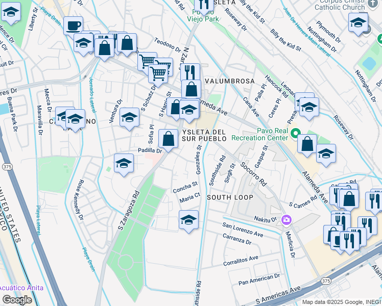 map of restaurants, bars, coffee shops, grocery stores, and more near 248 Emma Way in El Paso