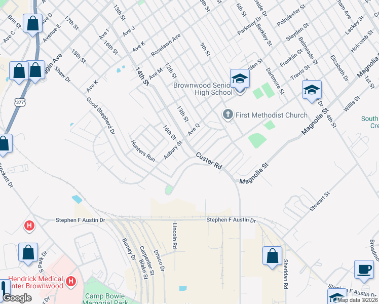 map of restaurants, bars, coffee shops, grocery stores, and more near 2506 16th Street in Brownwood