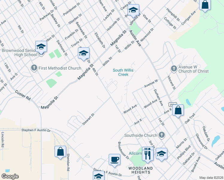map of restaurants, bars, coffee shops, grocery stores, and more near 3020 4th Street in Brownwood