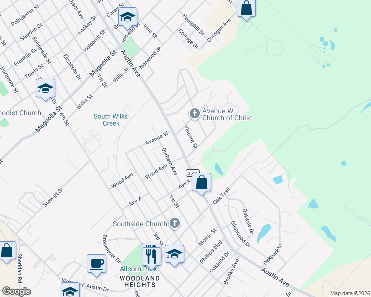 map of restaurants, bars, coffee shops, grocery stores, and more near 3406 Austin Avenue in Brownwood