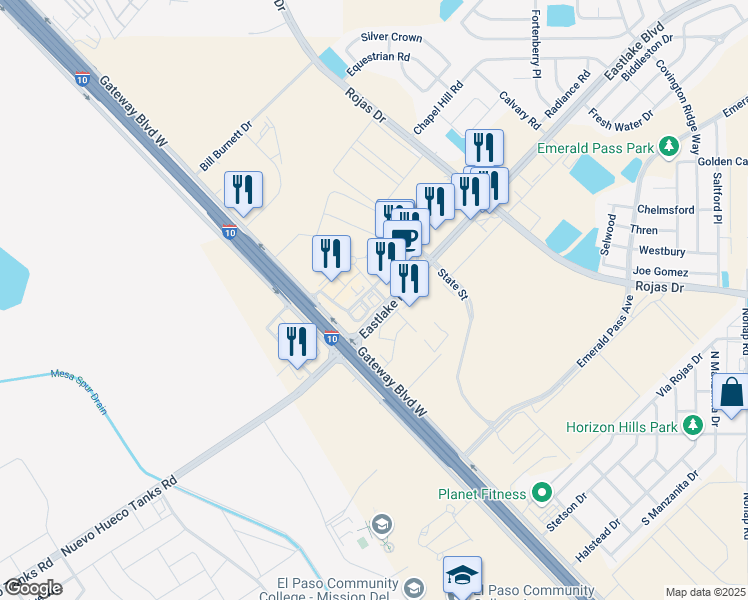 map of restaurants, bars, coffee shops, grocery stores, and more near Eastlake Boulevard in El Paso