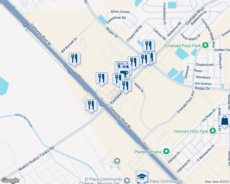 map of restaurants, bars, coffee shops, grocery stores, and more near Eastlake Boulevard in El Paso