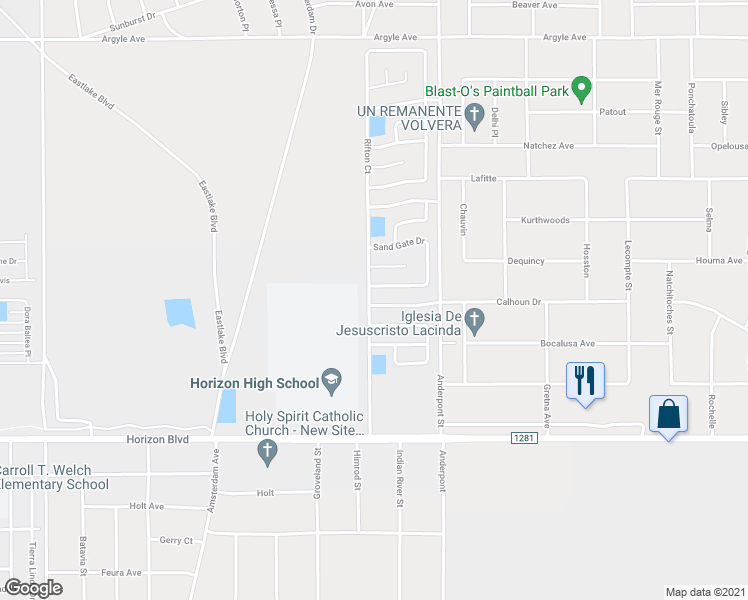 map of restaurants, bars, coffee shops, grocery stores, and more near 14701 Calhoun Drive in Horizon City