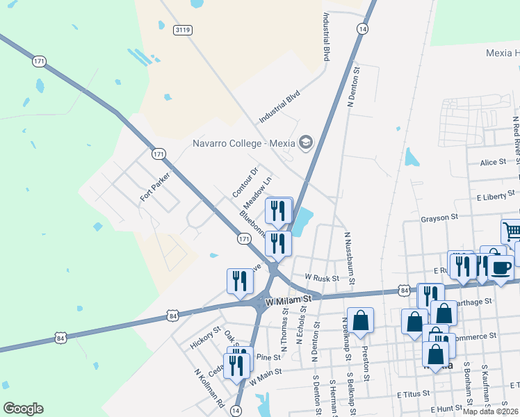 map of restaurants, bars, coffee shops, grocery stores, and more near 713 Primrose Drive in Mexia