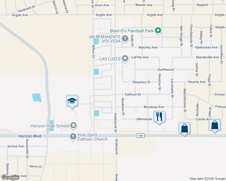 map of restaurants, bars, coffee shops, grocery stores, and more near 14740 Calhoun Drive in Horizon City