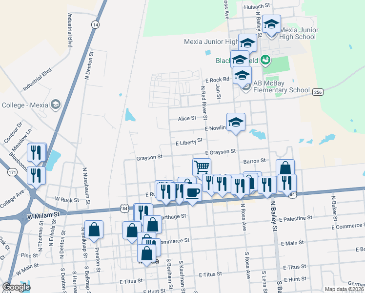 map of restaurants, bars, coffee shops, grocery stores, and more near 719 East Liberty Street in Mexia