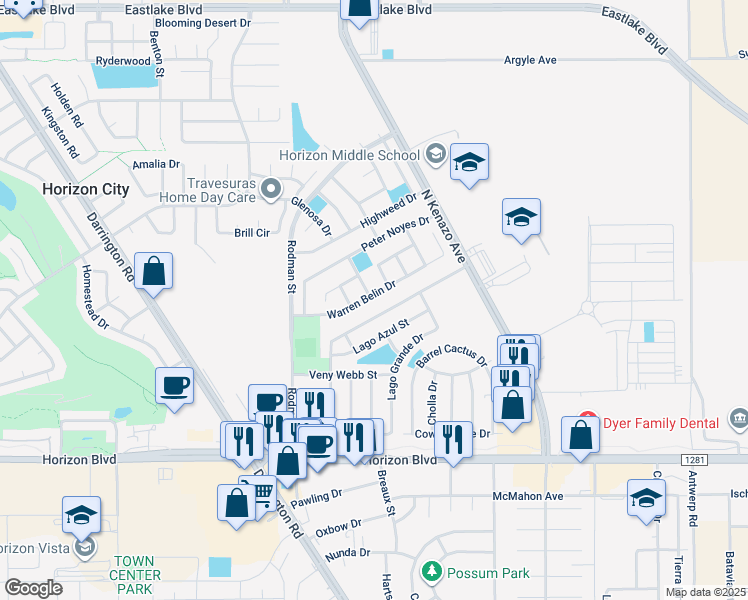 map of restaurants, bars, coffee shops, grocery stores, and more near 14076 Warren Belin Drive in Horizon City