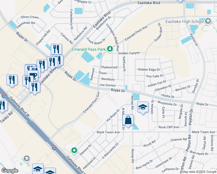 map of restaurants, bars, coffee shops, grocery stores, and more near 12343 Joe Gomez in El Paso
