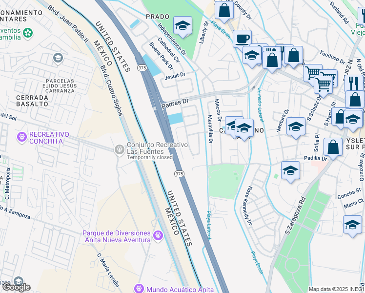 map of restaurants, bars, coffee shops, grocery stores, and more near 8859 Buena Park Drive in El Paso