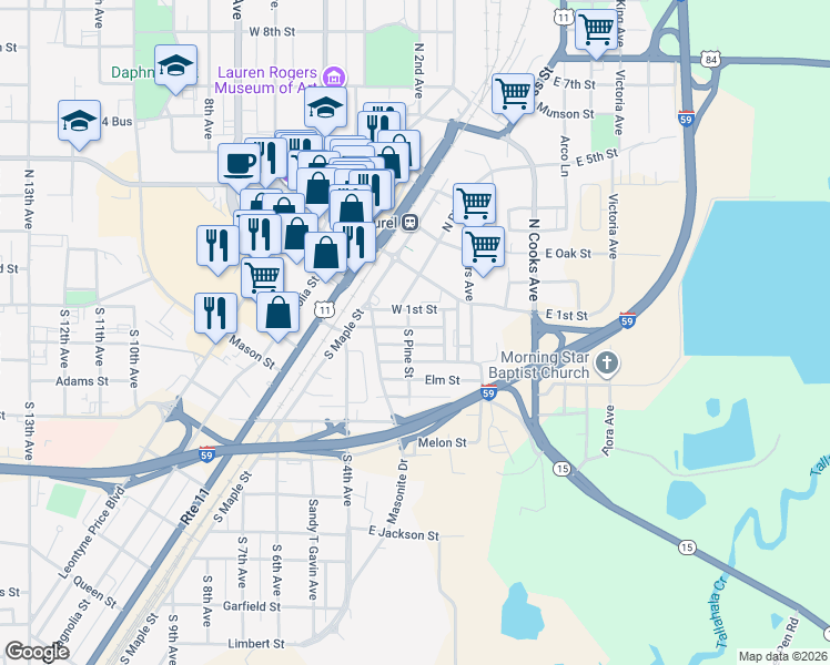map of restaurants, bars, coffee shops, grocery stores, and more near 201-299 Ash Street in Laurel