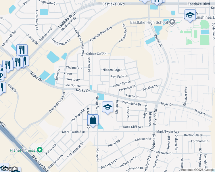 map of restaurants, bars, coffee shops, grocery stores, and more near 221 Golden Rise Street in El Paso