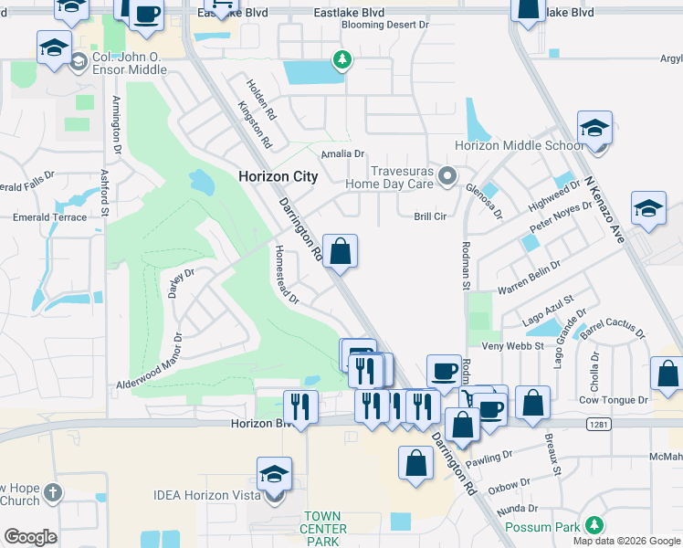map of restaurants, bars, coffee shops, grocery stores, and more near 16005 Darrington Road in Horizon City