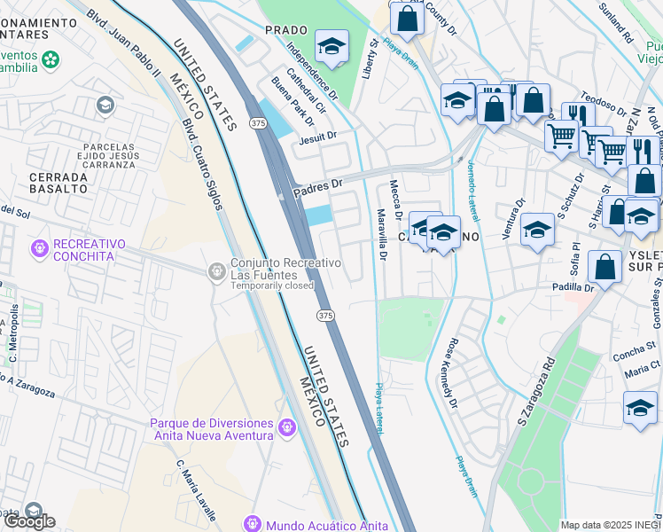 map of restaurants, bars, coffee shops, grocery stores, and more near 8859 Buena Park Drive in El Paso