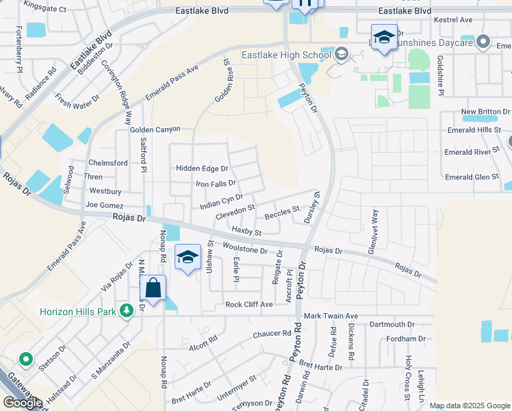 map of restaurants, bars, coffee shops, grocery stores, and more near Clevedon Street in El Paso County