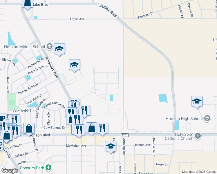 map of restaurants, bars, coffee shops, grocery stores, and more near 14356 Seth Payne Drive in Horizon City