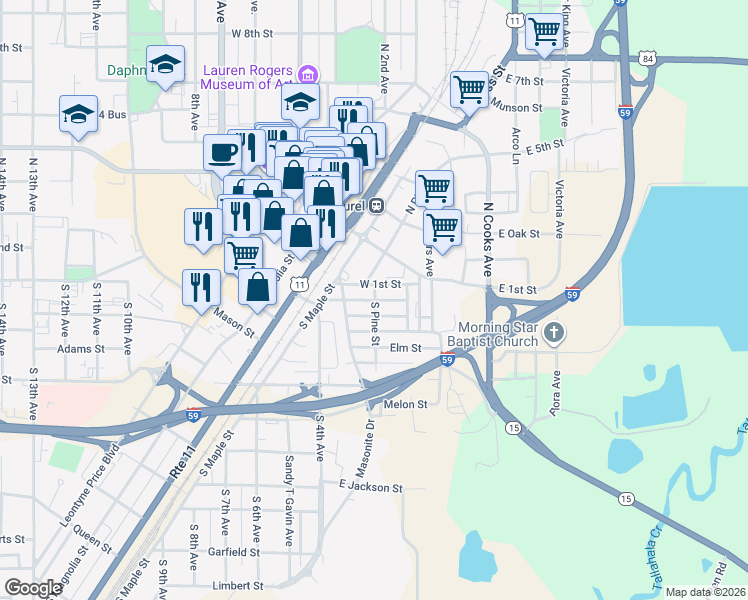 map of restaurants, bars, coffee shops, grocery stores, and more near 201 Ash Street in Laurel
