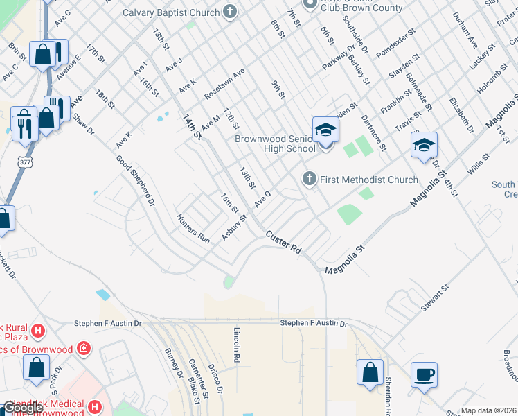 map of restaurants, bars, coffee shops, grocery stores, and more near 2410 14th Street in Brownwood