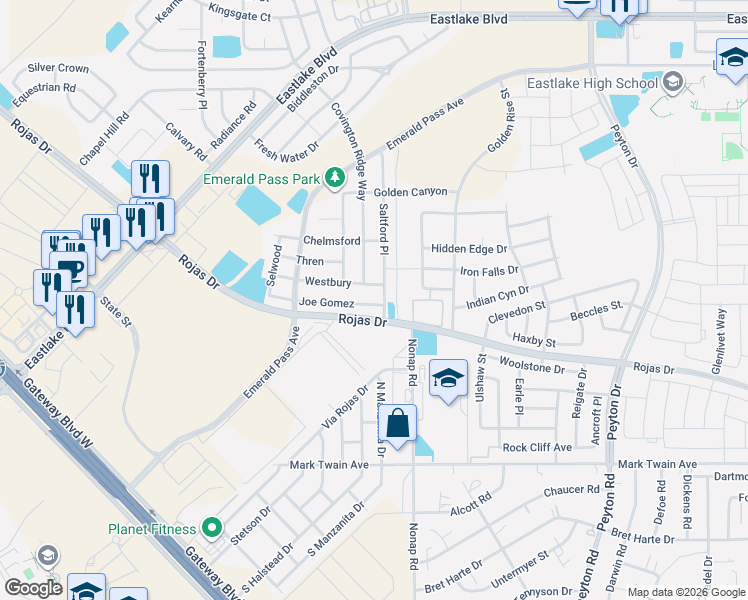 map of restaurants, bars, coffee shops, grocery stores, and more near 220 Saltford Place in El Paso
