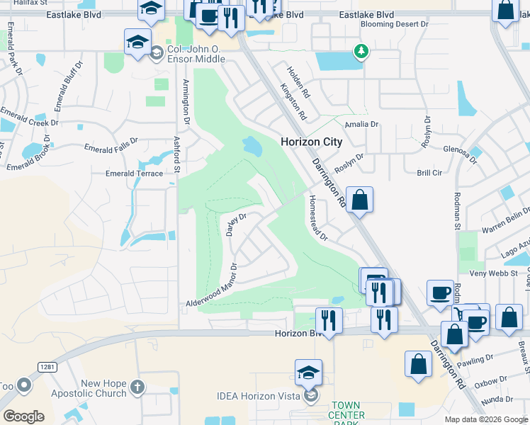 map of restaurants, bars, coffee shops, grocery stores, and more near 16035 Darley Drive in Horizon City