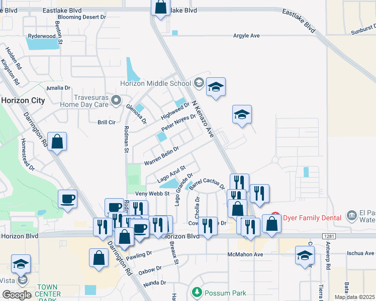 map of restaurants, bars, coffee shops, grocery stores, and more near 14069 Lago Seco Drive in Horizon City