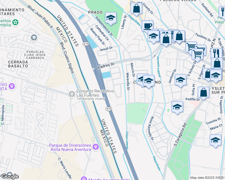 map of restaurants, bars, coffee shops, grocery stores, and more near 8859 Buena Park Drive in El Paso