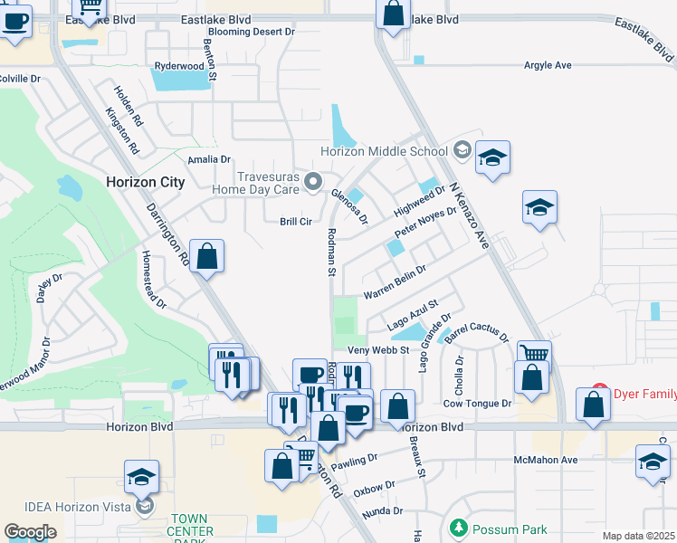 map of restaurants, bars, coffee shops, grocery stores, and more near 325 Peter Noyes Drive in Horizon City