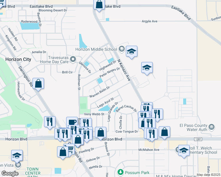 map of restaurants, bars, coffee shops, grocery stores, and more near 14104 Warren Belin Drive in Horizon City