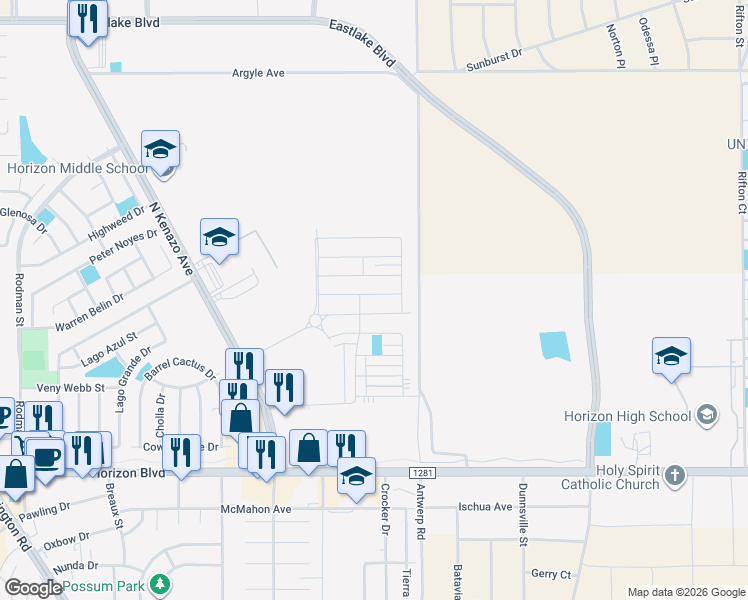 map of restaurants, bars, coffee shops, grocery stores, and more near 14356 Seth Payne Drive in Horizon City