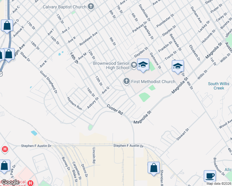 map of restaurants, bars, coffee shops, grocery stores, and more near 2403 Monticello Drive in Brownwood