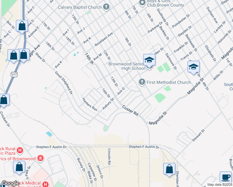 map of restaurants, bars, coffee shops, grocery stores, and more near 2410 14th Street in Brownwood