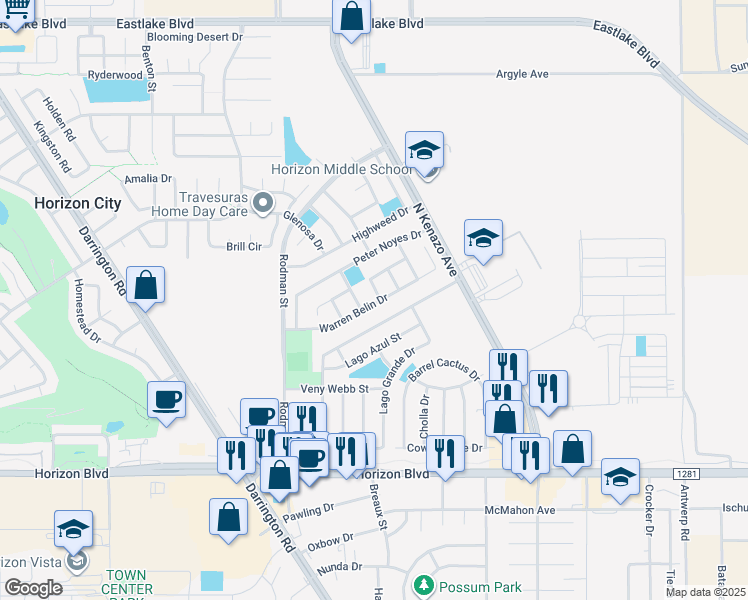 map of restaurants, bars, coffee shops, grocery stores, and more near 14104 Warren Belin Drive in Horizon City