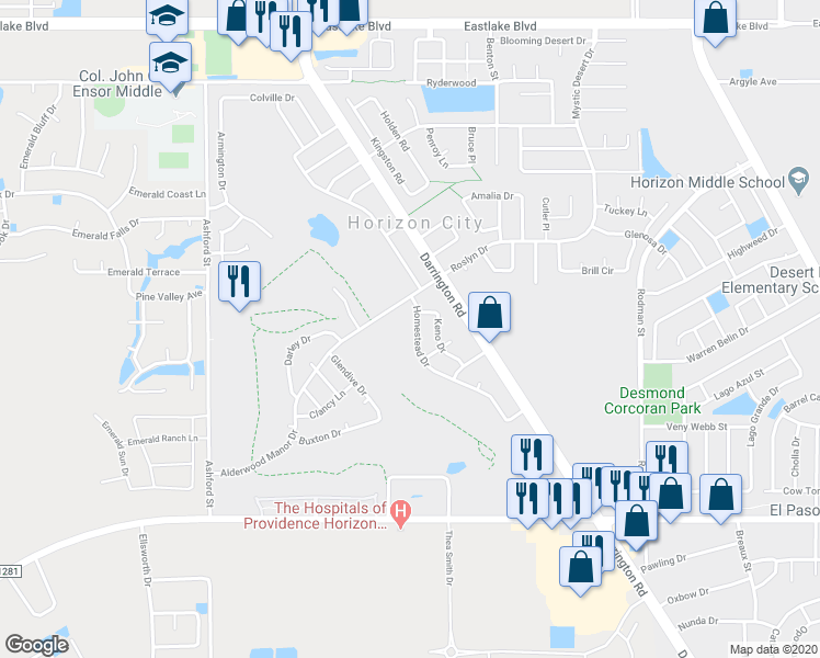 map of restaurants, bars, coffee shops, grocery stores, and more near 16017 Homestead Drive in Horizon City