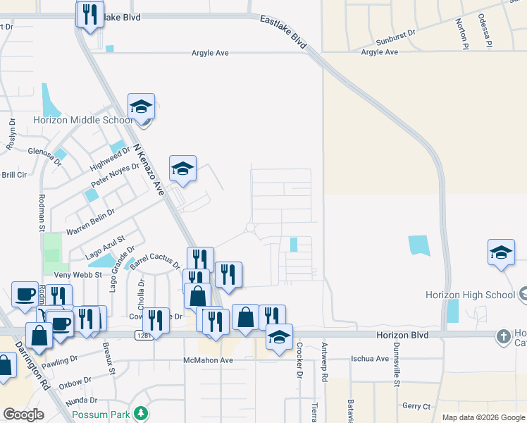 map of restaurants, bars, coffee shops, grocery stores, and more near 14316 Seth Payne Drive in Horizon City