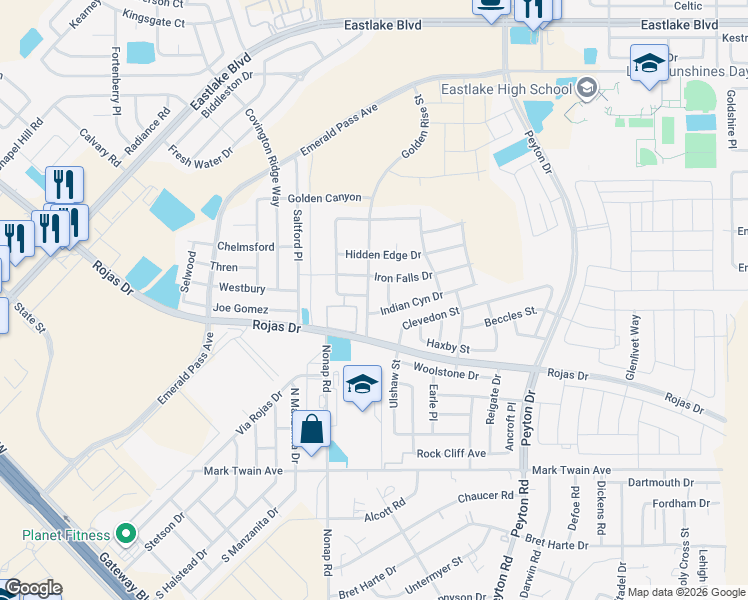 map of restaurants, bars, coffee shops, grocery stores, and more near 221 Golden Rise Street in El Paso