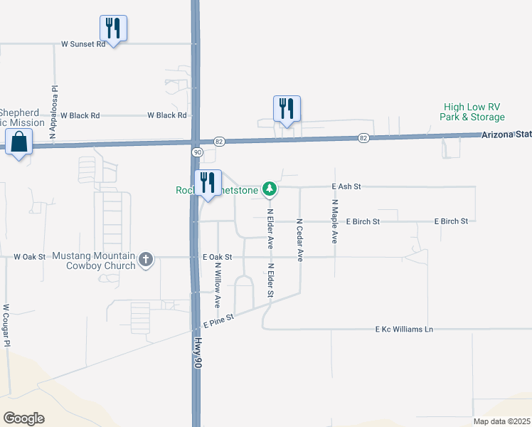 map of restaurants, bars, coffee shops, grocery stores, and more near 181 East Hickory Place in Huachuca City