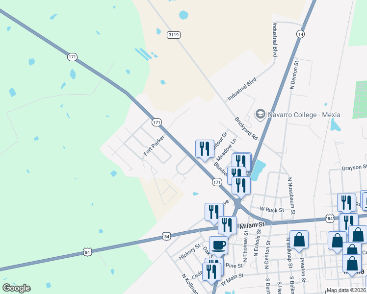 map of restaurants, bars, coffee shops, grocery stores, and more near 918 Tehuacana Highway in Mexia
