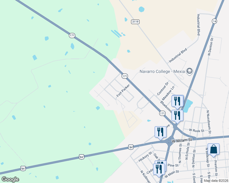 map of restaurants, bars, coffee shops, grocery stores, and more near 1005 Briarwood Street in Mexia