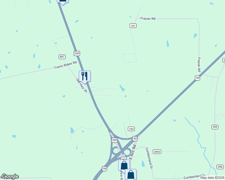 map of restaurants, bars, coffee shops, grocery stores, and more near 276 Bates Lane in Nacogdoches
