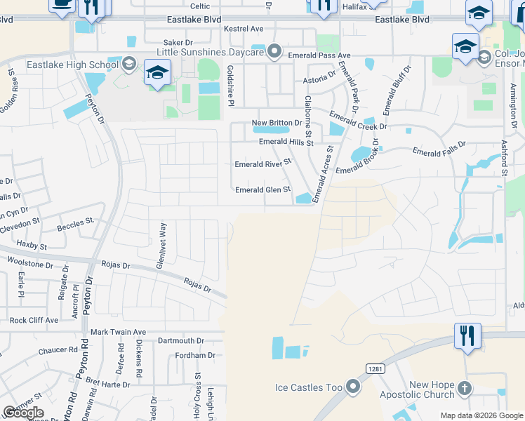 map of restaurants, bars, coffee shops, grocery stores, and more near 13260 Emerald Isle Street in Horizon City