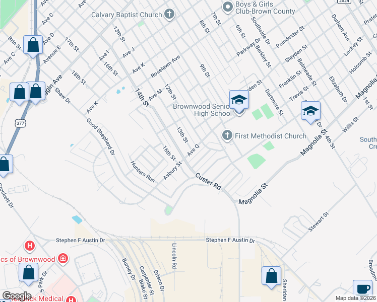map of restaurants, bars, coffee shops, grocery stores, and more near 2410 14th Street in Brownwood